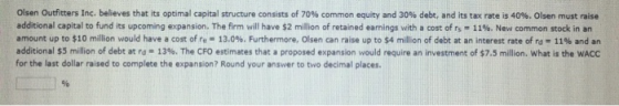 Olsen Outfitters Inc, believes that its optimal capital structure consists of 70% common equity and 30% debt, and its tax rat