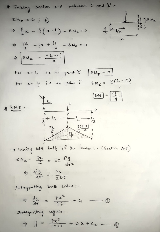 section x x P between and B :- Taking MX = 0; + 1 x - P(x - 1) - BMx = 0 올 4 BMx SF 42 7 px + PL 2 BM₂ = 0 2 BMx 9 For D