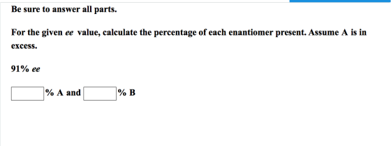 For the given ee value, calculate the percentage o