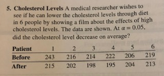 5. Cholesterol Levels A medical researcher wishes to see if he can lower the cholesterol levels through diet in 6 people by s