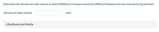 Determine the annual unit sales volume at which Wildhorse Company would be indifferent between the two manufacturing methods.