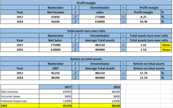 Profit margin Denominator sales 775000 630000 Profit margin Numerator Net Income 63950 66100 Profit margin 8.25 10.49 Year 20