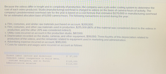Because the videos differ in length and in complexity of production, the company uses a job-order costing system to determine