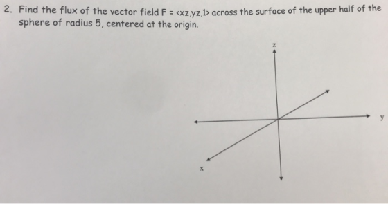 2. Find the flux of the vector field F = <xzyz,1> across the surface of the upper half of the sphere of radius 5, centered at