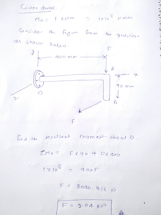 . Given data - Mo= 1 kom Consider the figure = ixlo 6 pom from the questor as shown below. - 400mm - 90 mm find the resultant