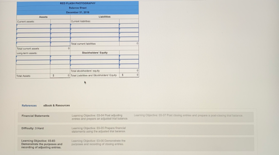 RED FLASH PHOTOGRAPH Balance Sheet December 31, 2018 Assets Liabilitios Current assets: Current liabilities Total current liabilities Total current assets Long-term assets: Stockholders Equity Total stockholders equity Total Assets 0 Total Liabilities and Stockholders Equity References eBook &Resources Learning Objective: 03-07 Post closing entries and prepare a post-closing trial balance. Learning Objective: 03-04 Post adjusting entries and prepare an adjusted trial balance Financial Statements Learning Objective: 03-05 Prepare financial statements using the adjusted trial balance. Difficulty: 3 Hard Learning Objective: 03-03 Demonstrate the purposes and recording of adjusting entries Learning Objective: 03-06 Demonstrate the prposes and recording of closing entries.