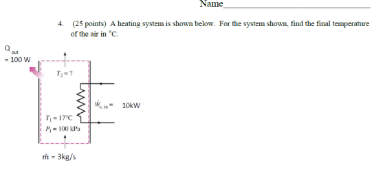 Name 4. (25 points) A heating system is shown below. For the system shown, find the final temperature of the air in ºc. a out