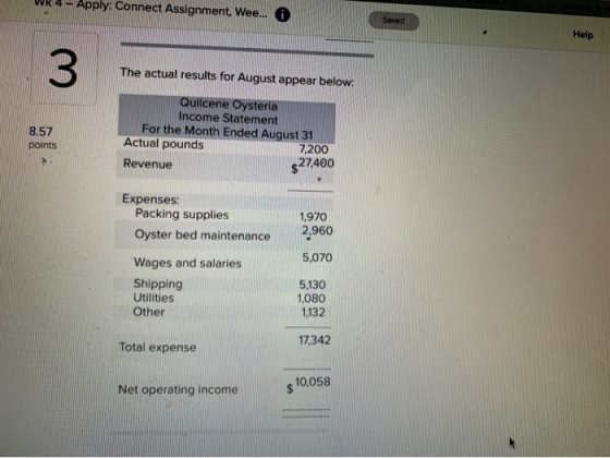 WR 4- Apply: Connect Assignment, Wee... Help The actual results for August appear below: 8.57 points Quilcene Oysteria Income