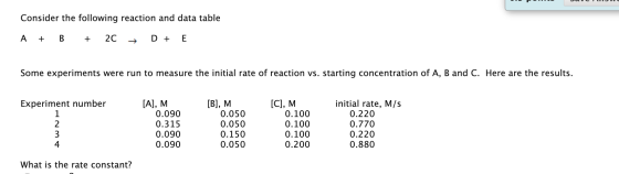 mu Consider the following reaction and data table A + B + 2C + D + E Some experiments were run to measure the initial rate of