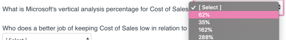 What is Microsofts vertical analysis percentage for Cost of Sales [Select] 62% 35% 162% 288% Who does a better job of keepin