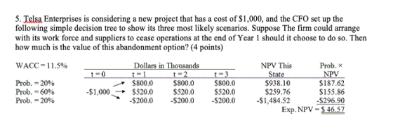 5. Telsa Enterprises is considering a new project that has a cost of $1,000, and the CFO set up the following simple decision