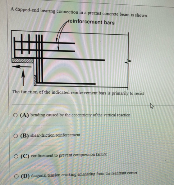 A dapped-end bearing connection in a precast concrete beam is shown. reinforcement bars The function of the indicated reinfor