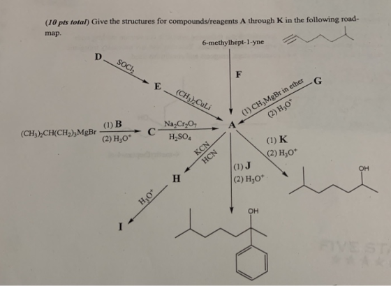 (10 pts total) Give the structures for compounds/reagents A through K in the following road- map. 6-methylhept-1-yne D. SOC F