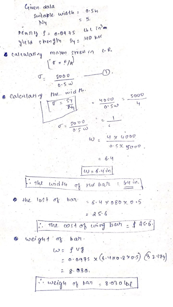 0.5 in 5. Given data suitable width: Ny Density s= 0.0975 yield strength Suz a calculating maym stress in tbt in m И0 11 CR.