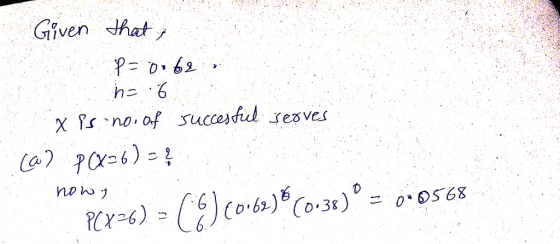 Given hat χ1s、no, of succesfullesves Cal (0.62) (0:38)こ 0.OS68