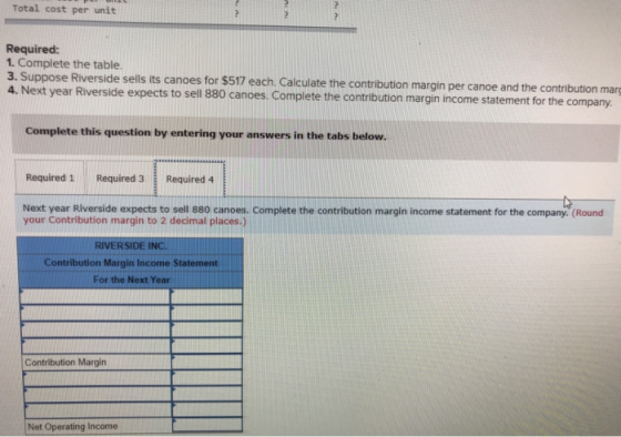 Total cost per unit Required: 1. Complete the table. 3. Suppose Riverside sells its canoes for $517 each. Calculate the contr
