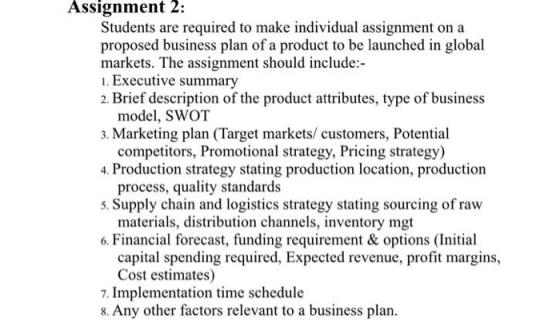 Assignment 2: Students are required to make individual assignment on a proposed business plan of a product to be launched in