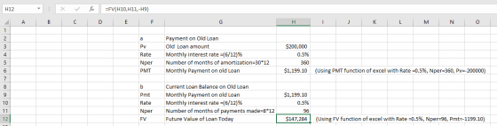 H12 x fc - A =FV(H10, H11,-H9) D E 1 F B C HT J K L M N O Pv Rate Nper PMT Payment on Old Loan Old Loan amount Monthly intere