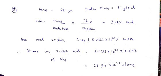 S 62 gm man Maler mars = 17 glmal 11 Mal = mass 62 = 3.647 mal Malar men It ginal One mal contain INA ( 6.0223 x 1023) atom A