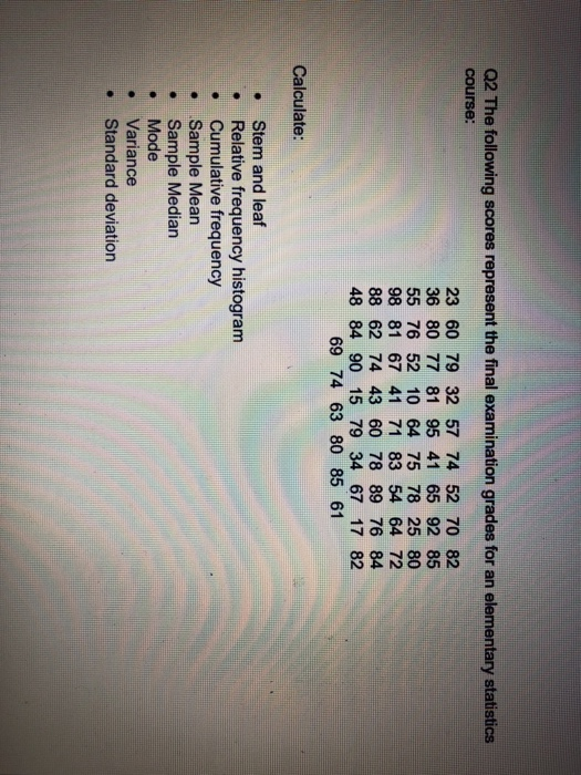 02 The following scores represent the final examination grades for an elementary statistics course: 23 60 79 32 57 74 52 70 82 36 80 77 81 95 41 65 92 85 55 76 52 10 64 75 78 25 80 98 81 67 41 71 83 54 64 72 88 62 74 43 60 78 89 76 84 48 84 90 15 79 34 67 17 82 69 74 63 80 85 61 Calculate: . Stem and leaf . Relative frequency histogram Cumulative frequency Sample Mean Sample Median . .Mode . Variance . Standard deviation