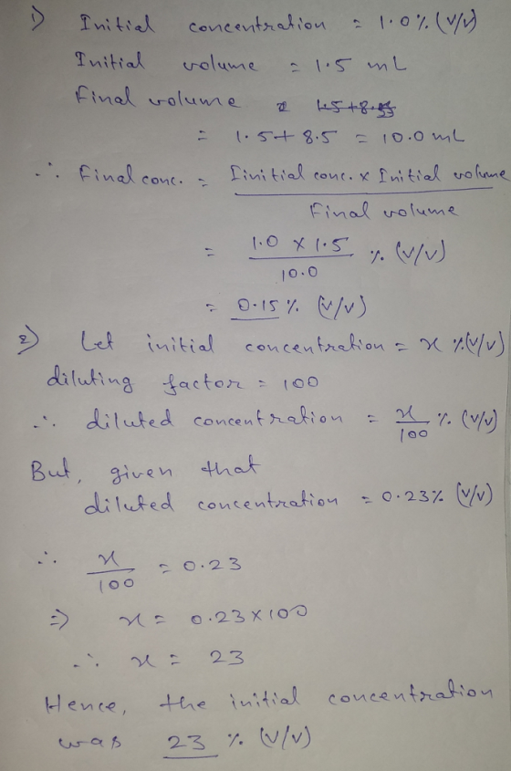 Mi t Final voume 1O.O diuting sacton 1oo But Biven that ed Concentra (04-0.23% (y/v Hence, the initial covn ce n thaQao