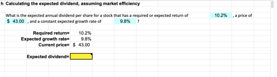 h Calculating the expected dividend, assuming market efficiency 10.2% , a price of What is the expected annual dividend per s