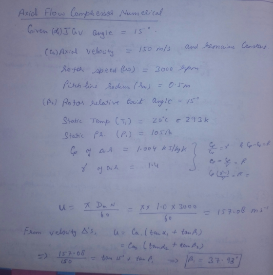 Axial Flow Compressor Numerical Given (21) I Gv angle 150 rotor (Ca) Axial velocity 150 mis and remains Constant. speed (co)