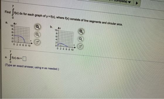 womplete) Find f(x) dx for each graph of y=f(x), where f(x) consists of line segments and circular arcs. O. NO 0 0 2 4 6 8 10
