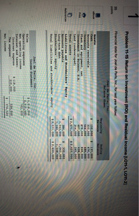 Problem 11-15 Return on Investment (ROI) and Residual Income (LO11-1, LO11-2) Financial data for Joel de Paris, Inc., for las