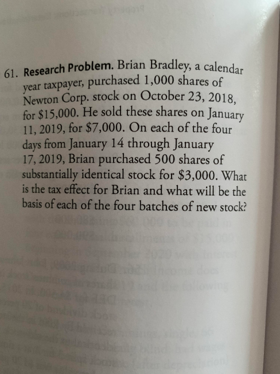 61. Research Problem. Brian Bradley, a cal year taxpayer, purchased 1,000 shares of Newton Corp. stock on October 23, 2018 fo