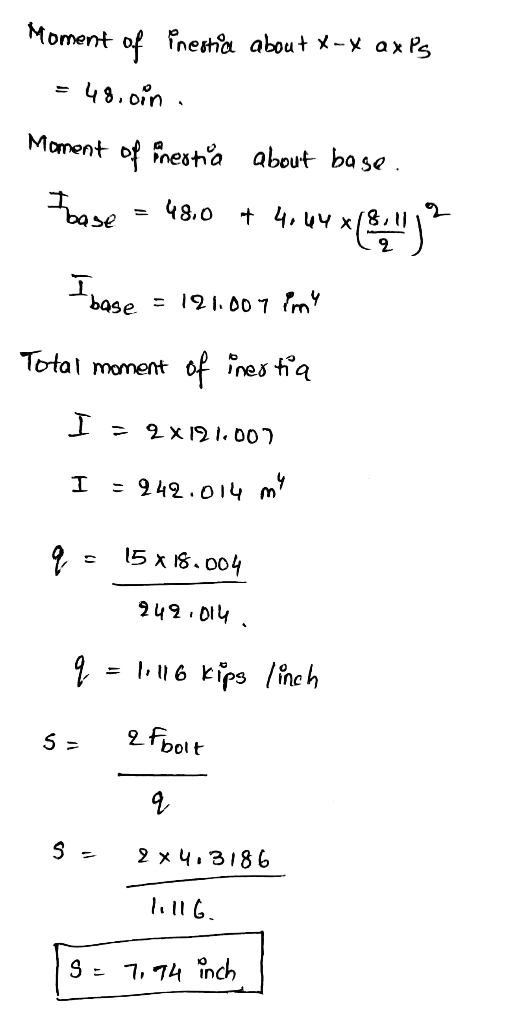 Moment of inestic about X-X axPs = 48.6in Moment of Prestabout base. Toase = 48.0 + 4024 x (812 I base = 191.007 {my Total m