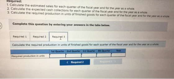 Required: 1. Calculate the estimated sales for each quarter of the fiscal year and for the year as a whole 2. Calculate the expected cash collections for each quarter of the fiscal year and for the year as a whole 3. Calculate the required production in units of finished goods for each quarter of the fiscal year and for the year as a whole Complete this question by entering your answers in the tabs below. Required 1 Required 2 Required3 Calculate the required production in units of finished goods for each quarter of the fiscal year and for the year as a whole. 1st Quarter 2nd Quarter 3rd Quarter 4th Quarter Year Required production in units Required 2 Reqaired 3