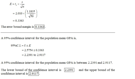 – 2.010 ( 1.1859 = 0.3363 The error bound margin is 0.3363 . A 95% confidence interval for the population mean GPA is, 95%C.I
