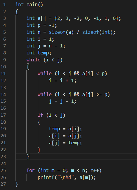 int main() 1 2 { 3 4. 5 6 int a[] = {2, 3, -2, 0, -1, 1, 6}; int p = -1; int n = sizeof(a) / sizeof(int); int i = 1; int j =