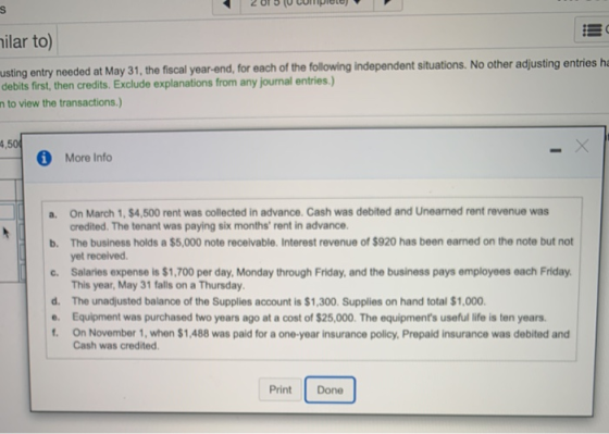 ZU v moto milar to) usting entry needed at May 31, the fiscal year-end, for each of the following independent situations. No
