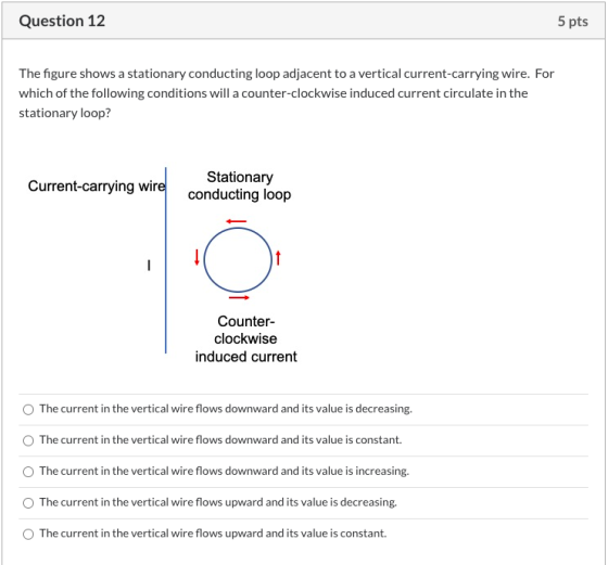Question 12 5 pts The figure shows a stationary conducting loop adjacent to a vertical current-carrying wire. For which of th
