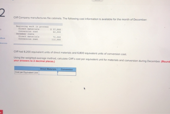 Cliff Company manufactures file cabinets. The following cost information is available for the month of December: Beginning wo
