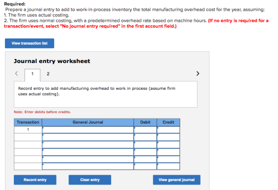 Required: Prepare a journal entry to add to work-in-process inventory the total manufacturing overhead cost for the year, ass