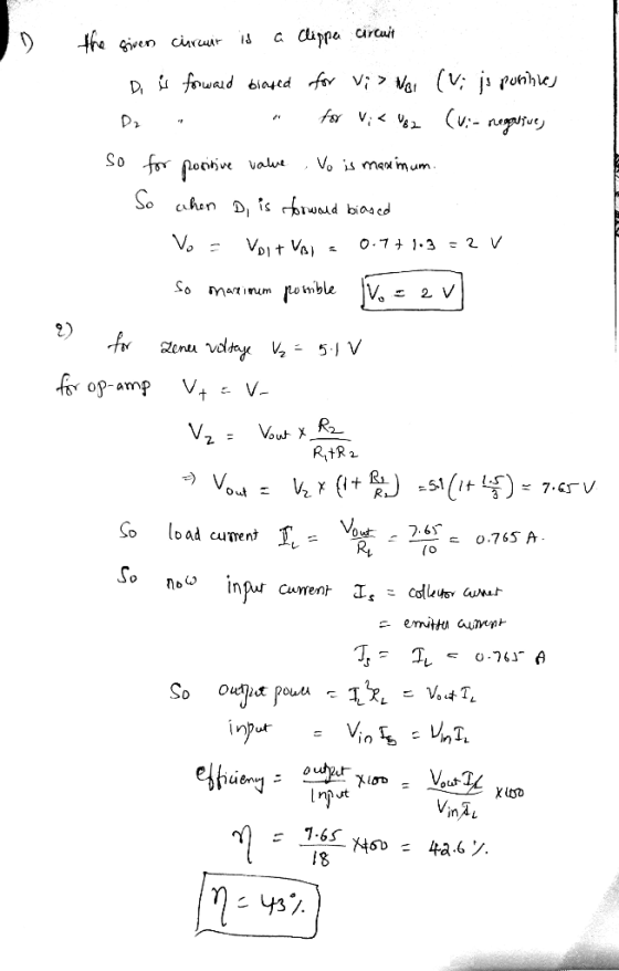 D the given circuit is a clippe circuit Di ů forwald biased for Vi > Noi (Vi js purines De . for V; < 482 (vi- negatives po