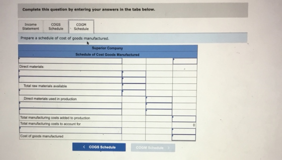 Complete this question by entering your answers in the tabs below. Income Statement COGS Schedule COGM Schedule Prepare a sch