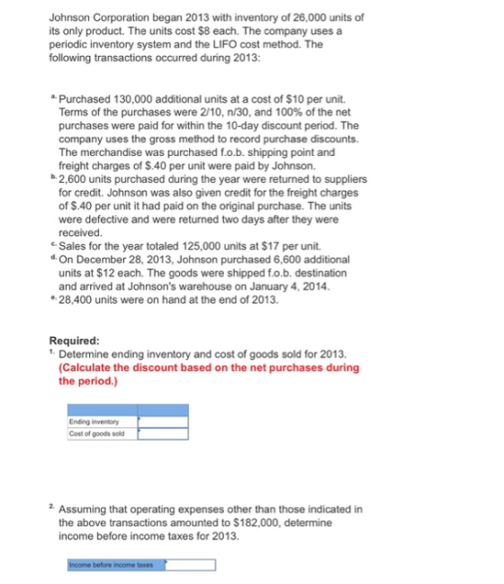 Johnson Corporation began 2013 with inventory of 26,000 units of its only product. The units cost $8 each. The company uses a