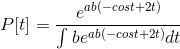 {{P[t] = \frac{e^{ab(-cost + 2t)}}{\int be^{ab(-cost + 2t)}dt}}}
