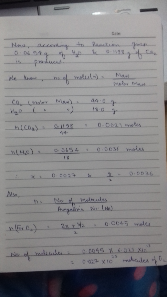 Date: Now, according 0.06 54g of is produced to H₂O Reaction & 0.1198 given g of ca We know, no. of moles (n) .. Mass Molar M