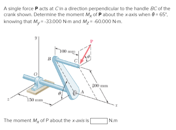 A single force P acts at Cin a direction perpendicular to the handle BC of the crank shown. Determine the moment My of P abou