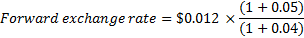 Forward exchange rate = $0.012 (1 + 0.05) (1 + 0.04) >