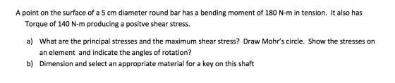 A point on the surface of a 5 cm diameter round bar has a bending moment of 180 N-m in tension. It also has Torque of 140 N-m