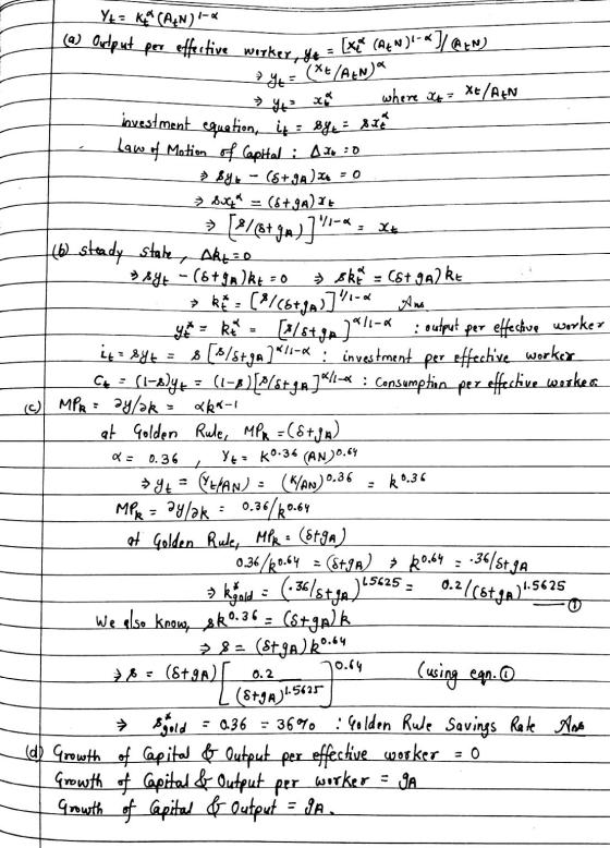 Yu= K (AUN) - & Yt ته ® Odpunt per effective worker, te = [Xce (Atw ]-a)/ QEN) (X+/AENDO where x = X+/A+N investment equation