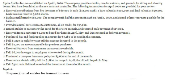 Alpine Stables Inc. was established on April 1, 2020. The company provides stables, care for animals, and grounds for riding