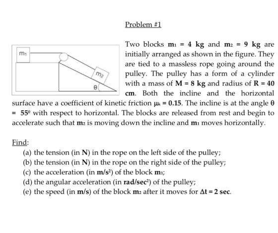 Problem #1 m1 m2 Two blocks mı = 4 kg and m2 = 9 kg are initially arranged as shown in the figure. They are tied to a massles