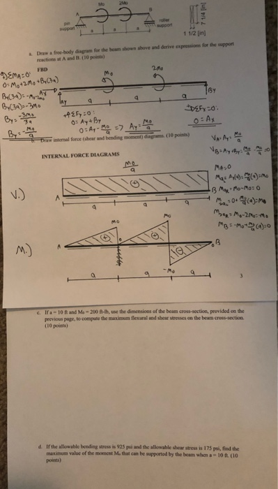 32 1 1/2 in Draw a free body diagram for the beam shown above and drive expressions for the support reactions at A and (10 po